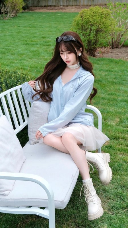 浅蓝外套美女坐白色长椅绿草地背景温柔治愈系人物摄影手机壁纸