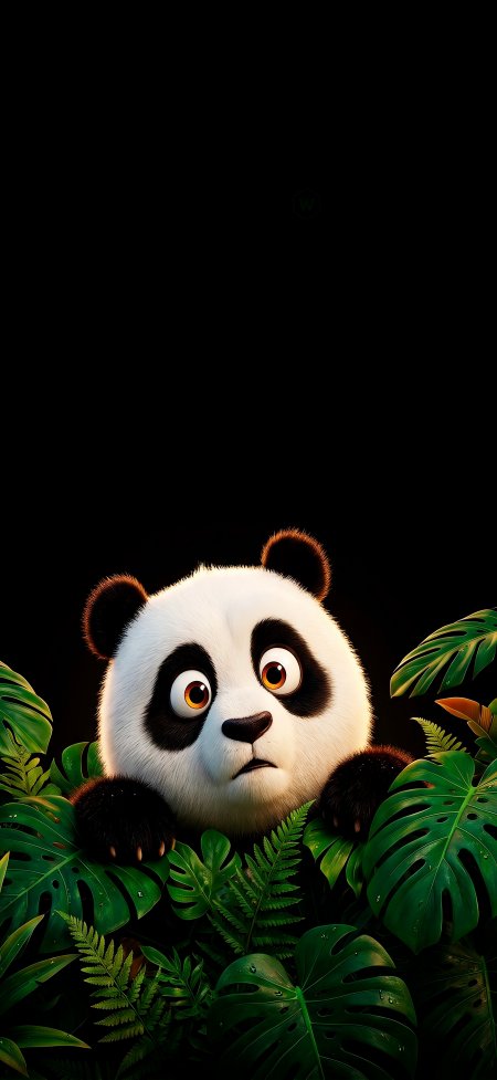 熊猫探出绿叶丛中大眼睛萌态十足可爱动物插画手机壁纸