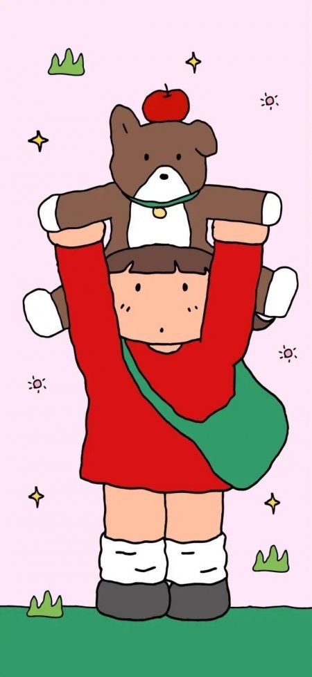 小女孩举小熊玩偶粉绿配色童趣可爱插画动漫手机壁纸