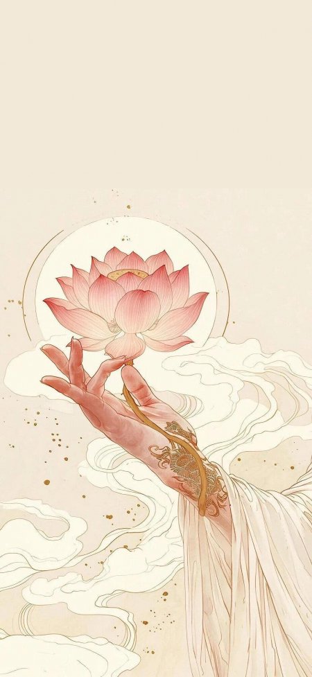 佛手托粉色莲花祥云纹样禅意插画创意手机壁纸