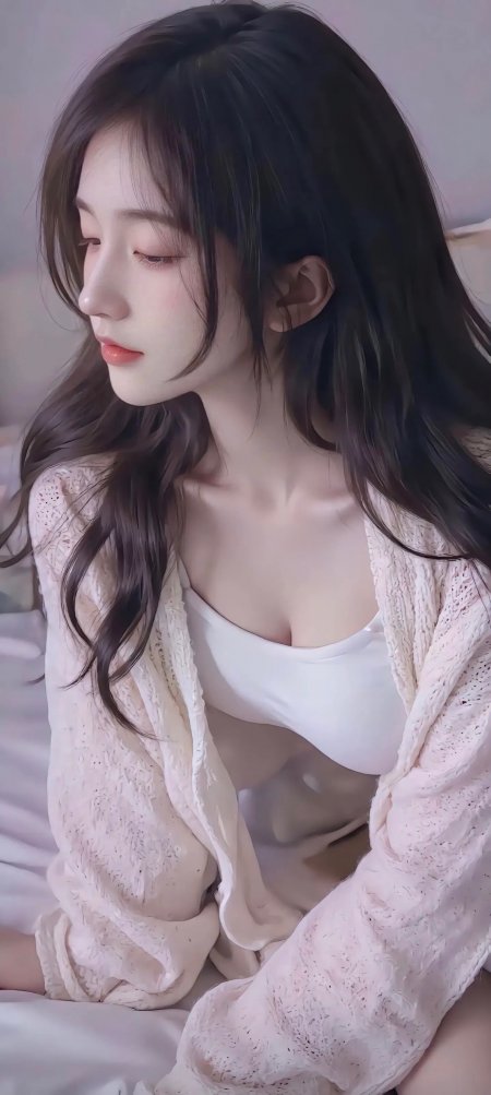 长发美女粉色针织衫温柔侧颜人像摄影手机壁纸