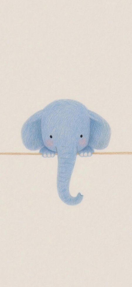 蓝色小象趴在细绳上探头萌态手绘插画动漫手机壁纸