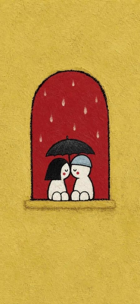 萝卜熊情侣雨中撑伞依偎黄色背景温馨治愈情感文艺插画手机壁纸