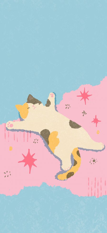 三花猫躺平粉蓝背景慵懒治愈插画动漫手机壁纸