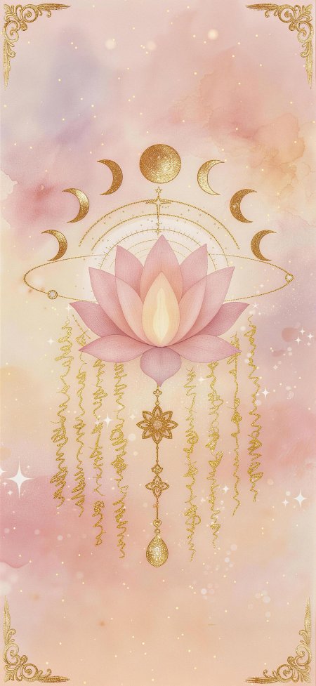 粉色莲花月相金饰流苏唯美梦幻创意手机壁纸