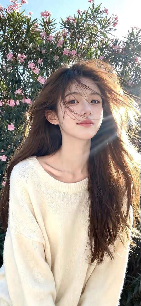 阳光穿透花丛美女长发飘逸温柔侧颜人像摄影手机壁纸