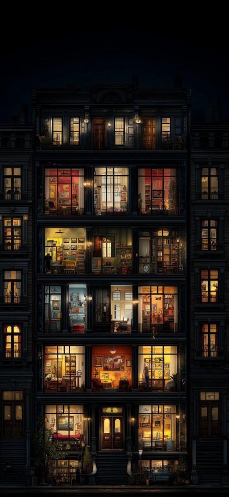 深夜公寓楼万家灯火窗户透视插画风格风景手机壁纸