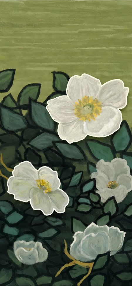 梵高风格白色野玫瑰花卉油画艺术插画手机壁纸