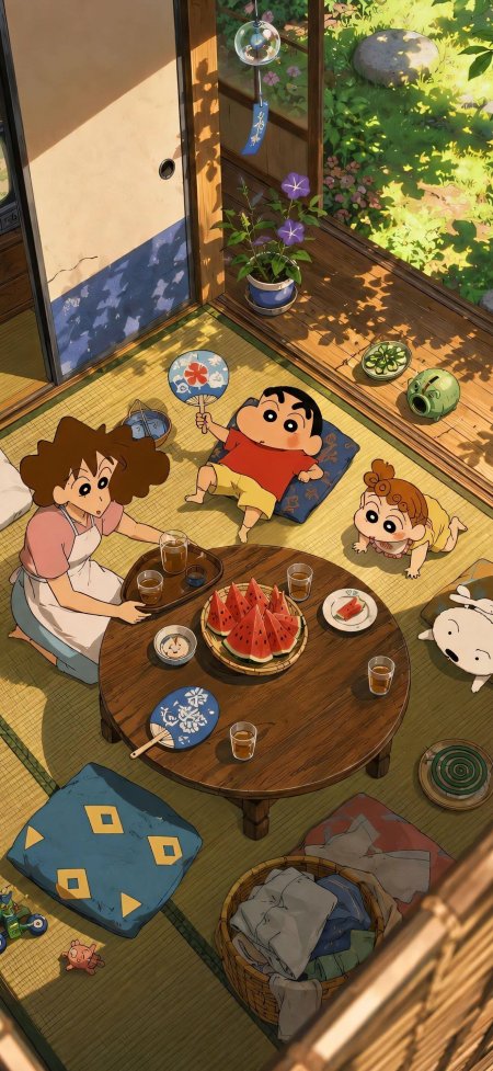 蜡笔小新野原一家榻榻米吃西瓜夏日动漫手机壁纸