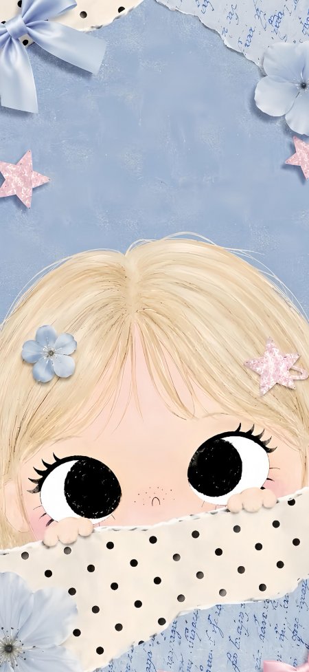 金发少女蓝底波点遮脸可爱手绘插画动漫手机壁纸