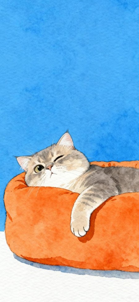 灰猫躺橙色沙发眨眼水彩质感萌宠插画动漫手机壁纸