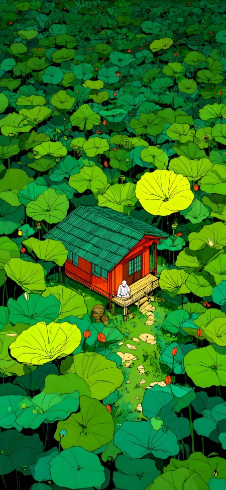宫崎骏风格荷塘小屋隐居生活唯美治愈动漫插画手机壁纸
