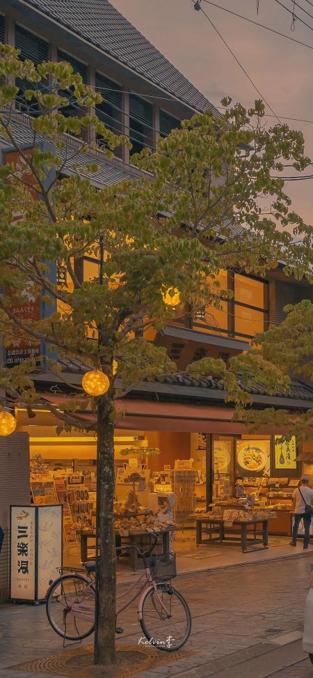 日本街景暖黄灯光下绿树与粉色自行车日系风景手机壁纸