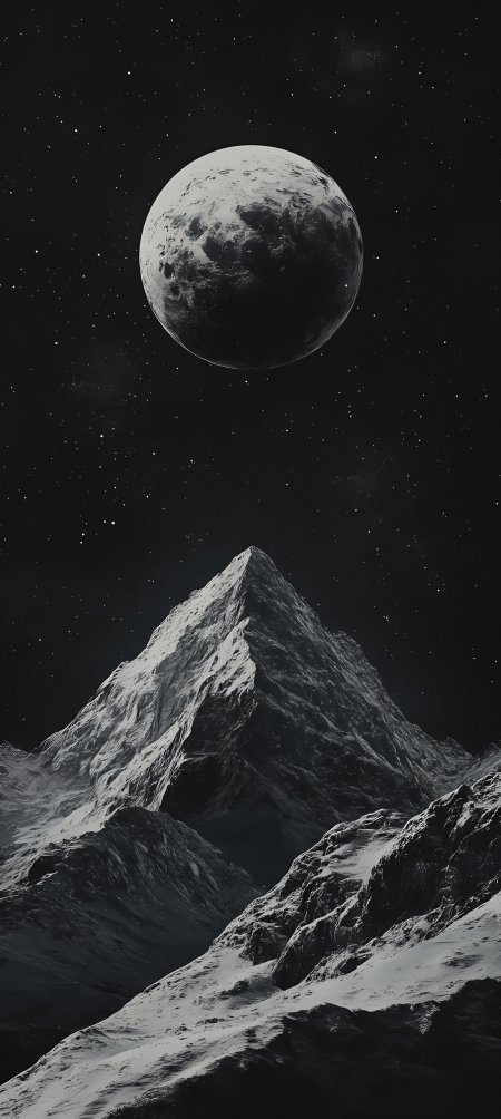 浩瀚星空下巍峨雪山与巨大星球科幻风景插画手机壁纸