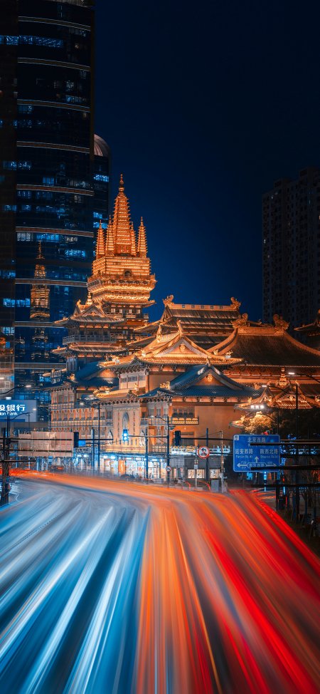 上海静安寺夜景车流光轨繁华都市风景摄影手机壁纸