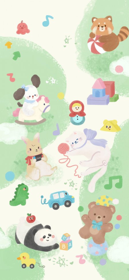 小动物玩具散落绿色背景童趣手绘插画动漫手机壁纸