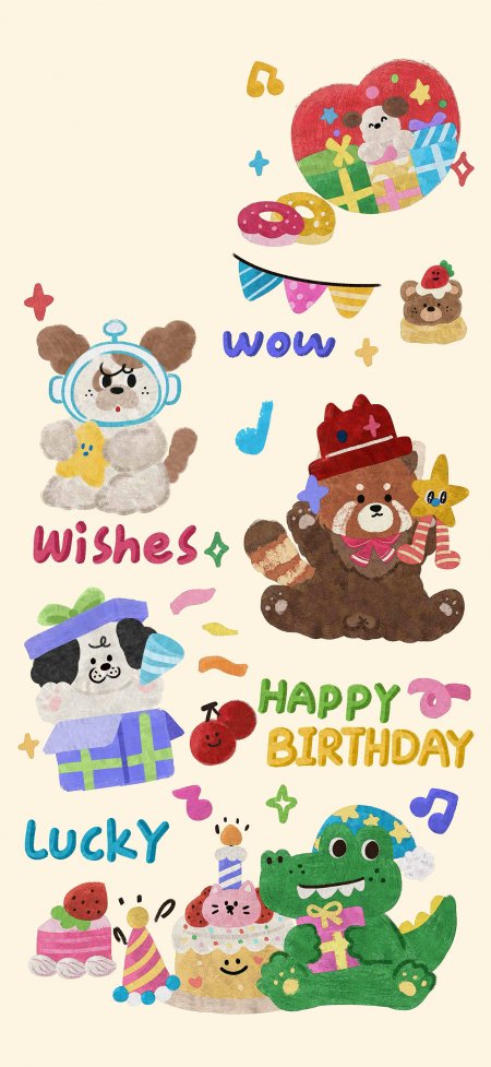 小动物生日派对蛋糕礼物温馨手绘插画动漫手机壁纸