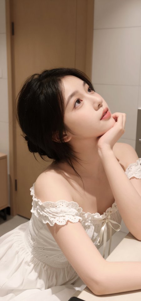 白色蕾丝上衣美女托腮侧脸人物手机壁纸