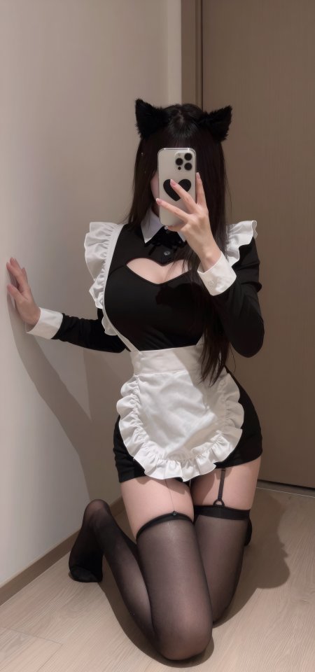 黑白女仆装猫耳美女对镜自拍人物手机壁纸