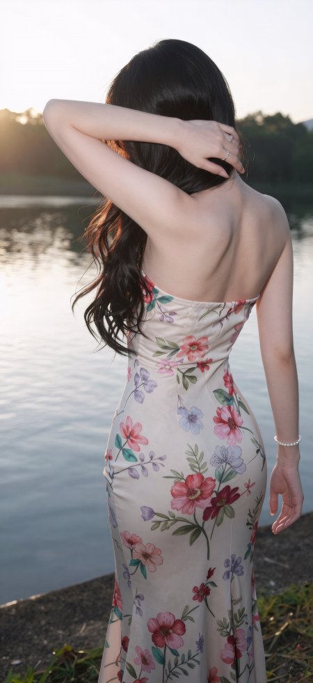 湖边夕阳碎花吊带裙长发美女背影人物摄影手机壁纸