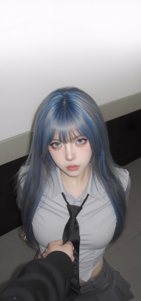 蓝发少女抓领带互动视角人物手机壁纸