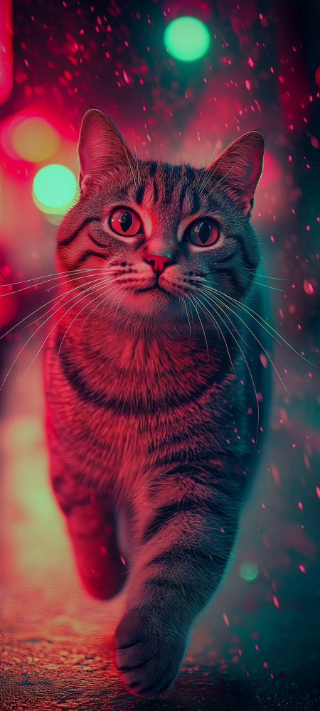赛博朋克霓虹灯光下行走的虎斑猫炫酷宠物摄影手机壁纸