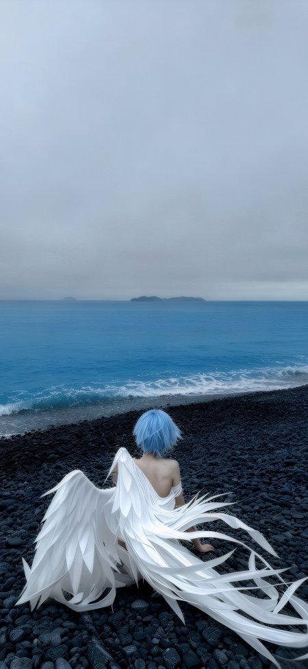 蓝发天使少女静坐黑沙滩眺望大海唯美动漫人物插画手机壁纸