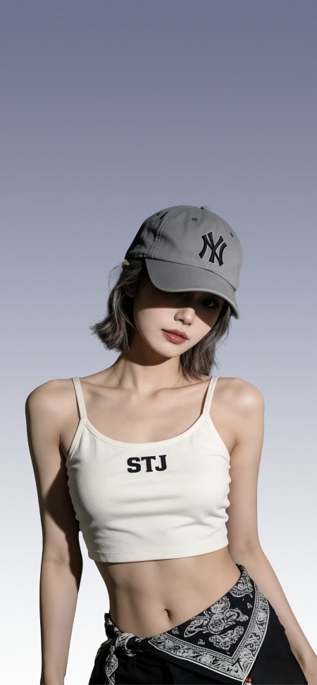 灰色帽子白色吊带简约背景靓丽短发美女手机壁纸