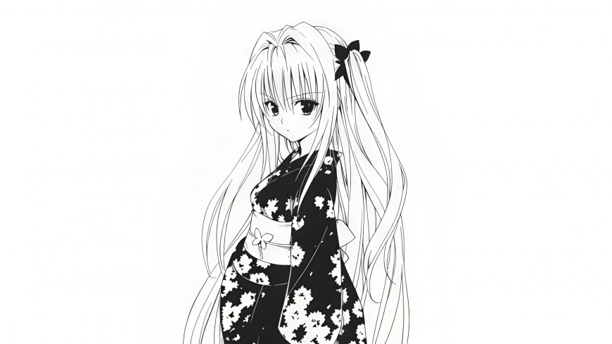 出包王女金色暗影长发和服黑白线稿动漫电脑壁纸