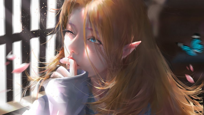 精灵耳金发少女阳光窗边唯美动漫电脑壁纸
