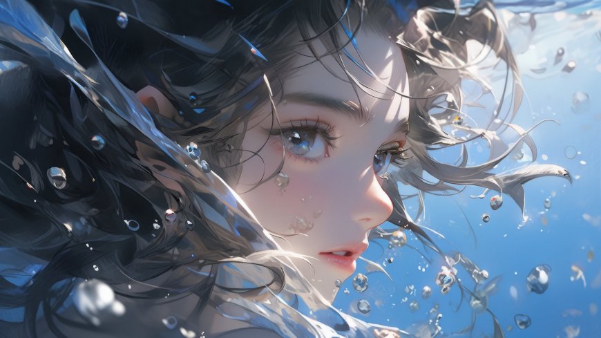 水下黑发少女气泡环绕梦幻动漫电脑壁纸