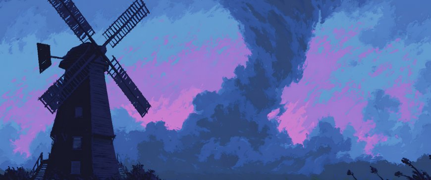 紫粉天空风车剪影梦幻插画风景电脑壁纸