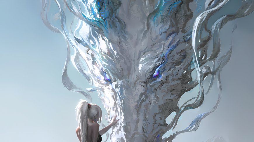 白发少女触摸白龙玄幻插画创意电脑壁纸