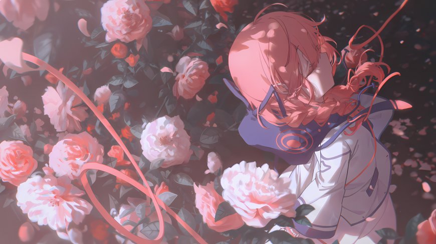 繁花簇拥粉发少女唯美插画动漫电脑壁纸