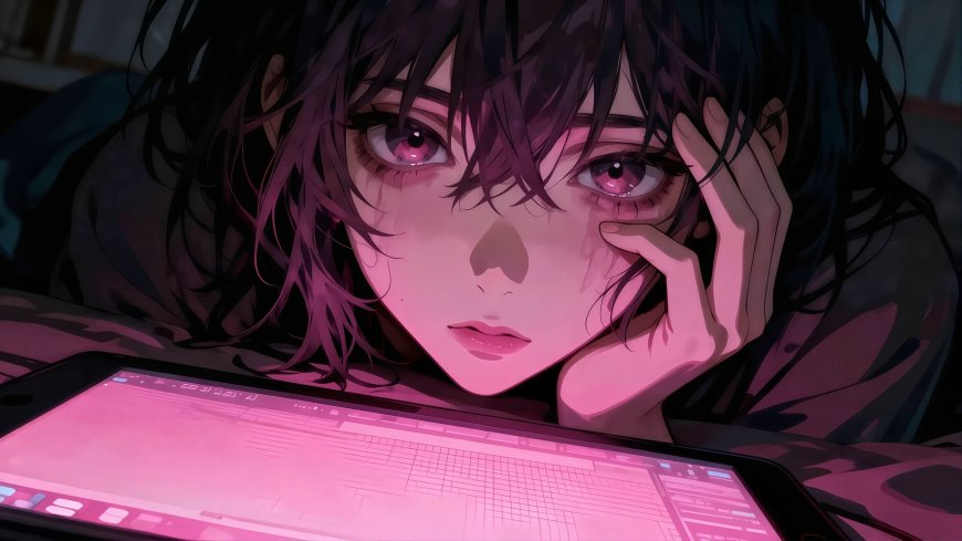 粉紫光影少女托腮看屏幕赛博朋克动漫电脑壁纸