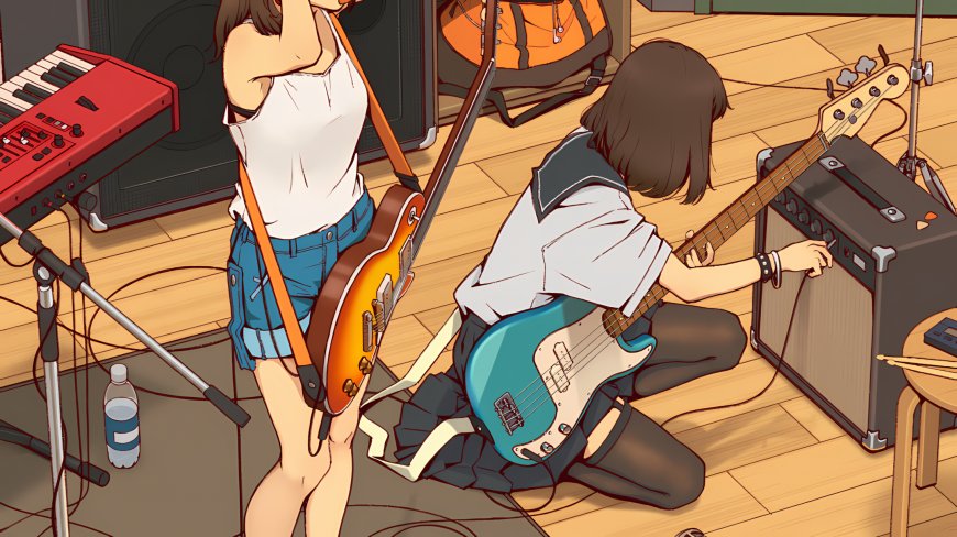 两位少女音乐室弹吉他贝斯插画动漫电脑壁纸