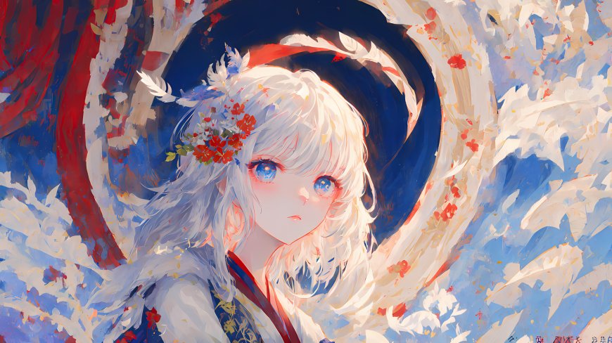 白发蓝瞳少女花朵头饰唯美插画动漫电脑壁纸