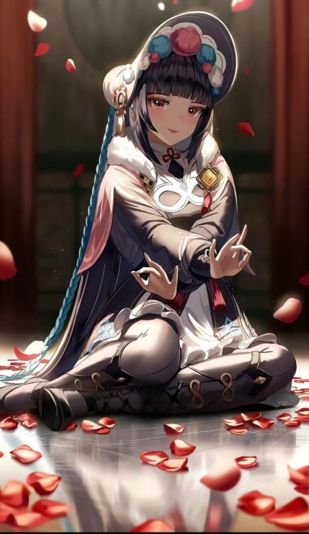 原神云堇坐地摆手势周围飘红花瓣古风装扮插画动漫手机壁纸