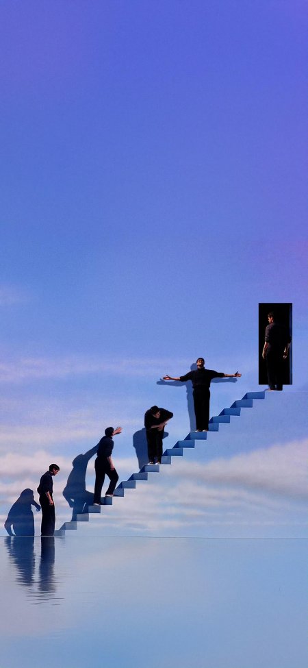 楚门的世界男子登天梯向黑门前行超现实创意摄影人物手机壁纸