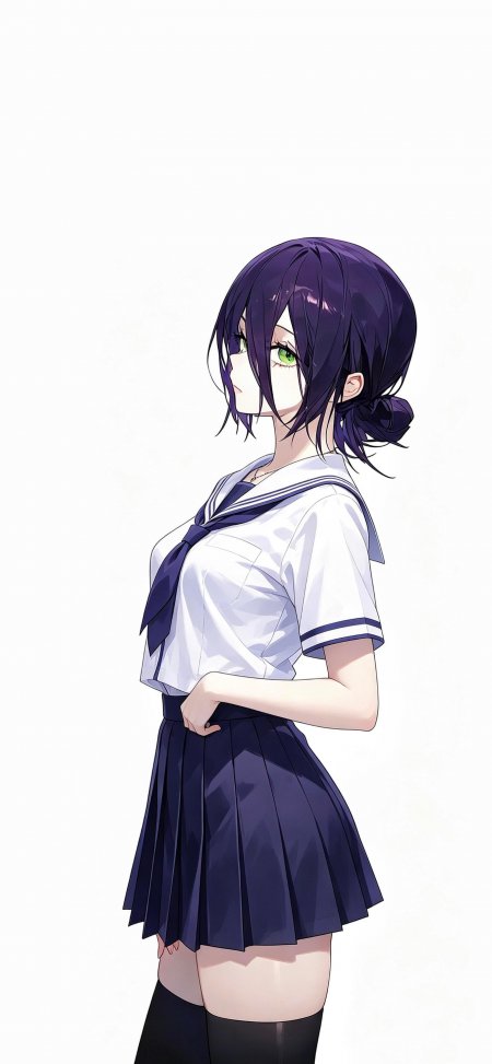 电锯人蕾塞紫发绿眼水手服少女侧身插画动漫手机壁纸