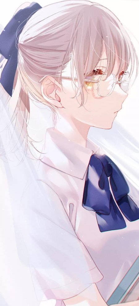 银发少女戴眼镜穿白衬衫蓝领结侧颜唯美插画动漫手机壁纸