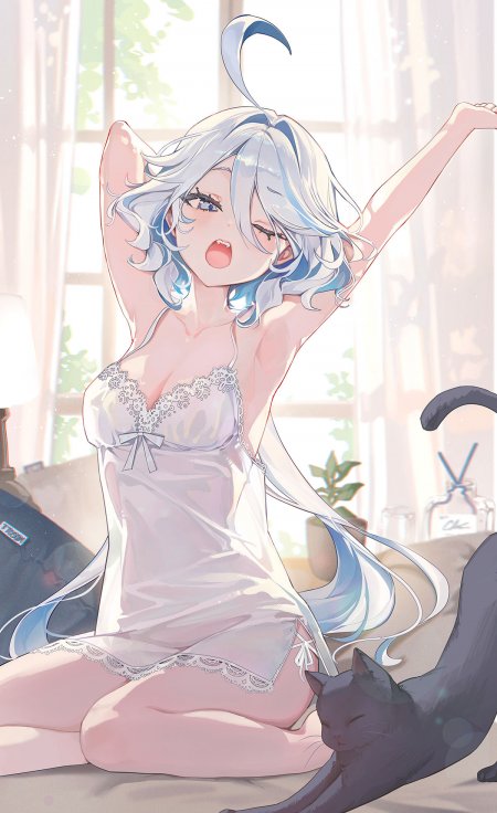 原神芙宁娜银发少女穿蕾丝睡衣伸懒腰居家插画动漫手机壁纸