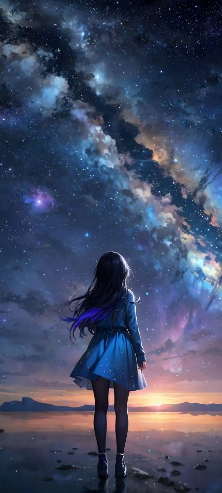 星空下长发少女背影望银河唯美风景插画动漫手机壁纸
