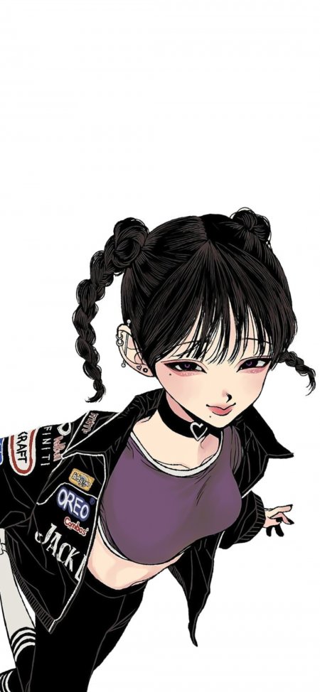韩系插画双马尾少女穿黑夹克紫内搭酷飒人物手机壁纸