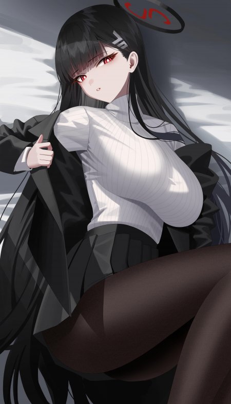 蔚蓝档案调月莉音黑发红瞳少女披外套插画动漫手机壁纸