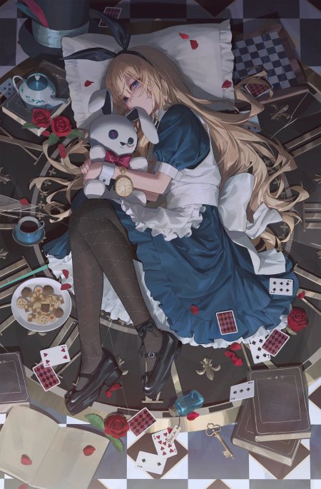 爱丽丝梦游仙境金发少女抱兔子玩偶插画动漫手机壁纸