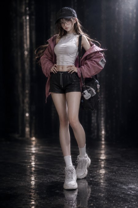 戴黑帽穿红外套白背心黑短裤酷飒街拍动漫少女手机壁纸