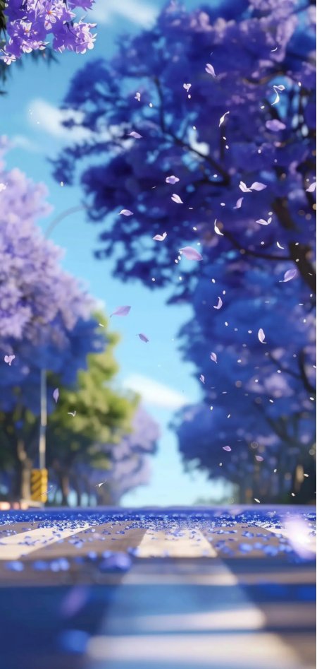蓝花楹花瓣飘落街道唯美治愈风景插画动漫手机壁纸