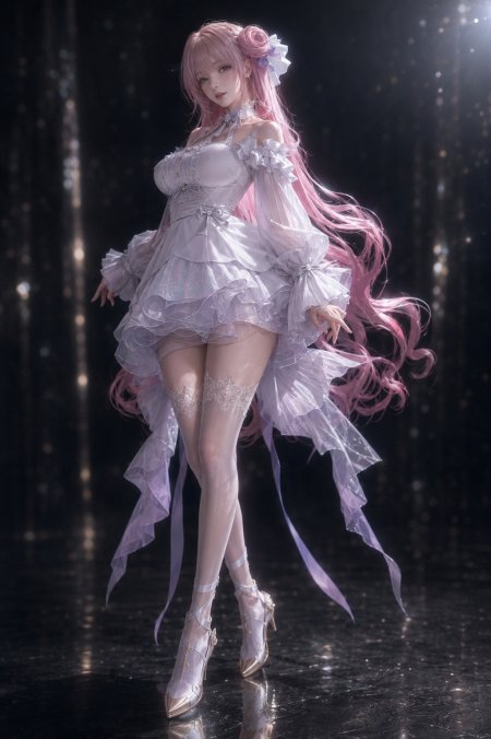 粉发少女穿白纱裙配蕾丝袜华丽站姿梦幻光影插画动漫手机壁纸