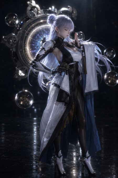 白发少女着机甲风长裙立机械装置前科幻感插画动漫手机壁纸